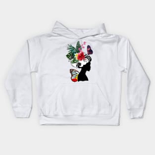 Black Woman with Tropical Flowers and Butterflies Kids Hoodie